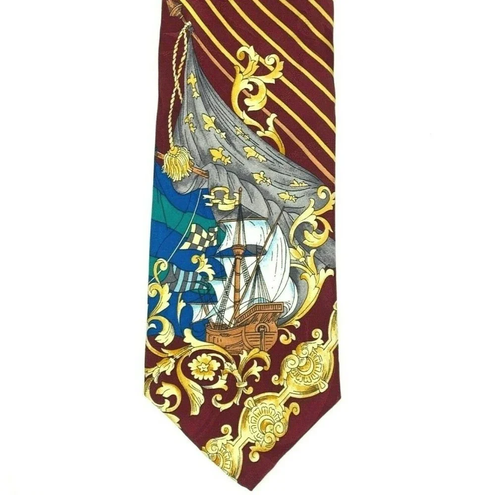 Anthony Sicari Burgundy Gold Striped Fleur De Lis Nautical Sailing Boat Necktie